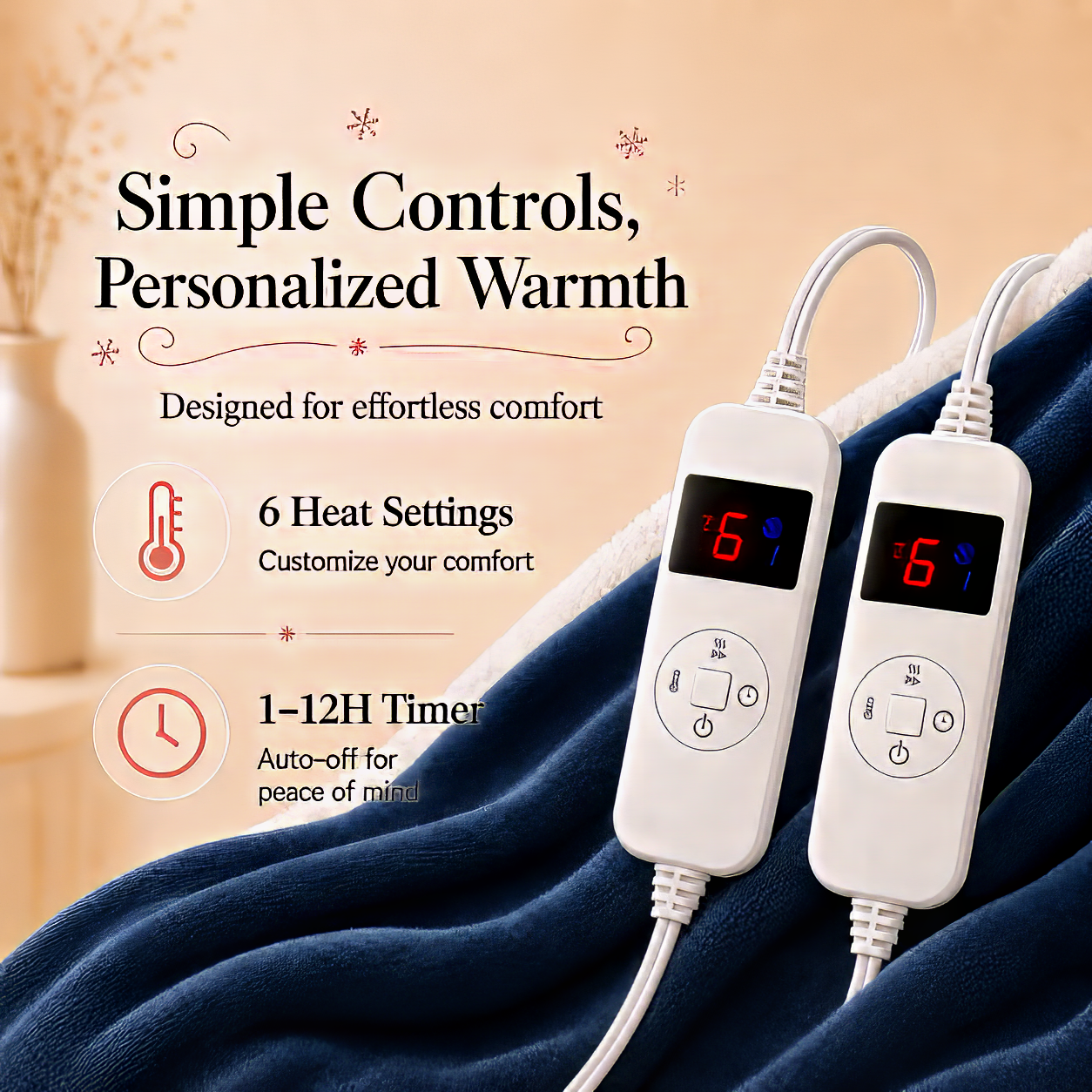PYROEPLEEA Heated Electric Blanket Queen 84 x 90 in, Flannel Sherpa, 2 Controllers, Dual Zone, 6 Heat Settings, 1-12 Hour Auto Off, Washable-Navy Blue