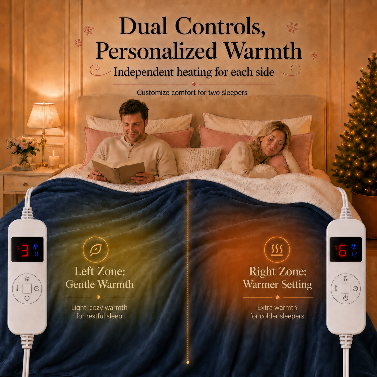 PYROEPLEEA Heated Electric Blanket Queen 84 x 90 in, Flannel Sherpa, 2 Controllers, Dual Zone, 6 Heat Settings, 1-12 Hour Auto Off, Washable-Navy Blue