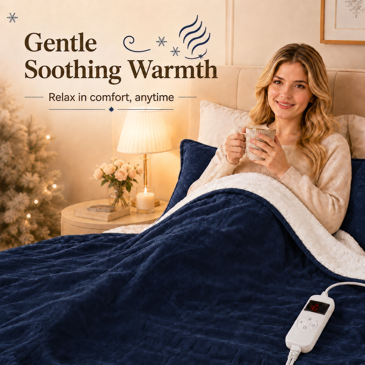 PYROEPLEEA Heated Electric Blanket Queen 84 x 90 in, Flannel Sherpa, 2 Controllers, Dual Zone, 6 Heat Settings, 1-12 Hour Auto Off, Washable-Navy Blue