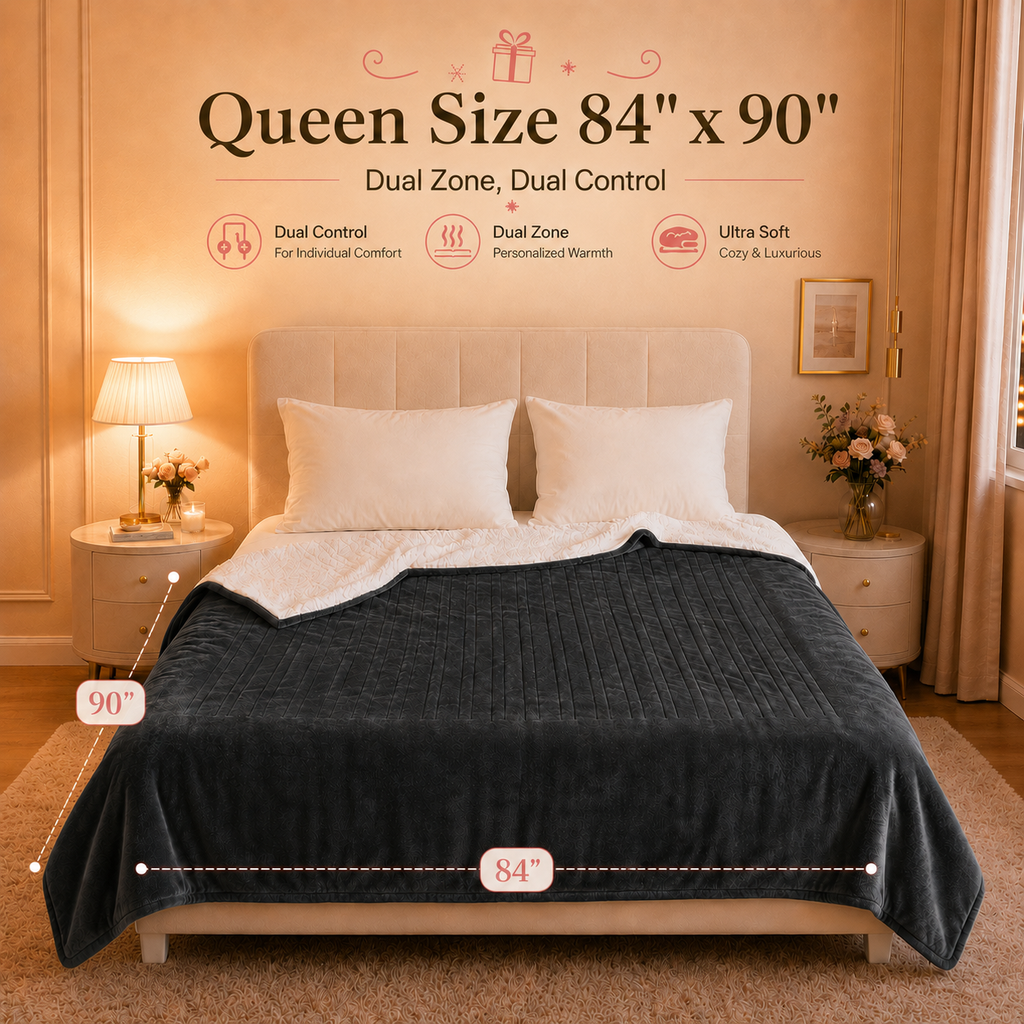 PYROEPLEEA Heated Electric Blanket Queen 84 x 90 in, Flannel Sherpa, 2 Controllers, Dual Zone, 6 Heat Settings, 1-12 Hour Auto Off, Washable-Dark Gray