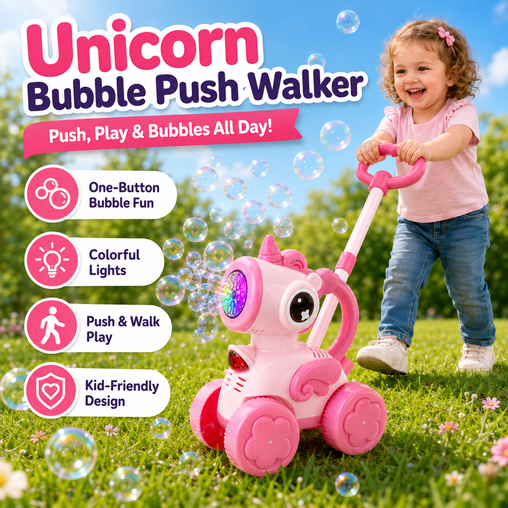 PYROEPLEEA Bubble Machine for Toddlers, Cute Bee-Shaped 2-in-1 Push Walker & Handheld Bubble Blower Toy with Colorful Lights, Outdoor Toy for Boys and Girls