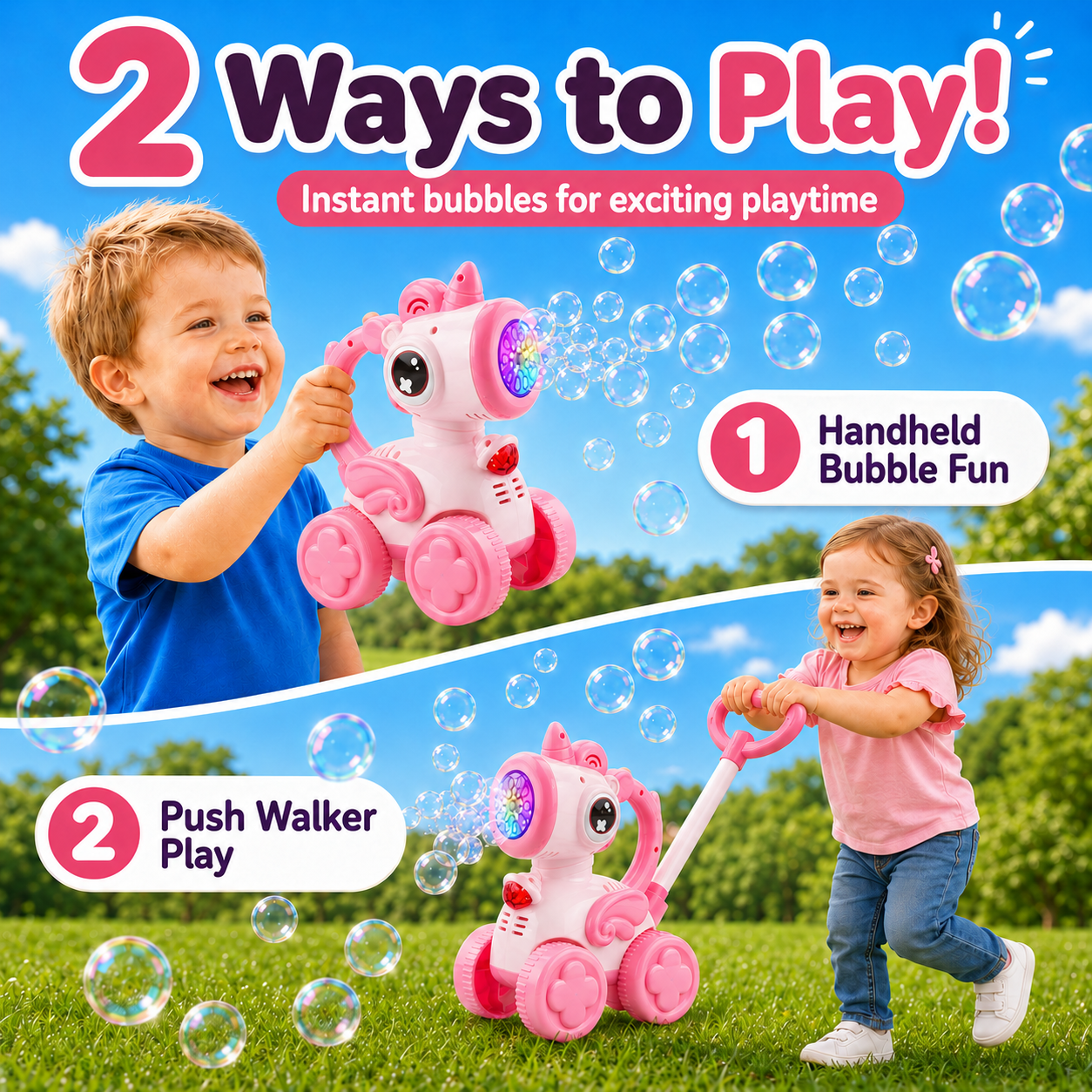 PYROEPLEEA Bubble Machine for Toddlers, Cute Bee-Shaped 2-in-1 Push Walker & Handheld Bubble Blower Toy with Colorful Lights, Outdoor Toy for Boys and Girls