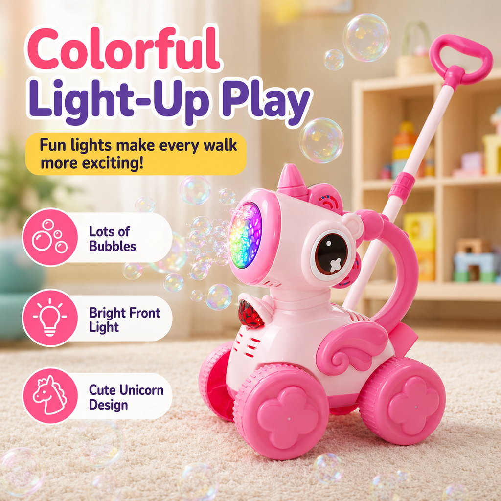 PYROEPLEEA Bubble Machine for Toddlers, Cute Bee-Shaped 2-in-1 Push Walker & Handheld Bubble Blower Toy with Colorful Lights, Outdoor Toy for Boys and Girls