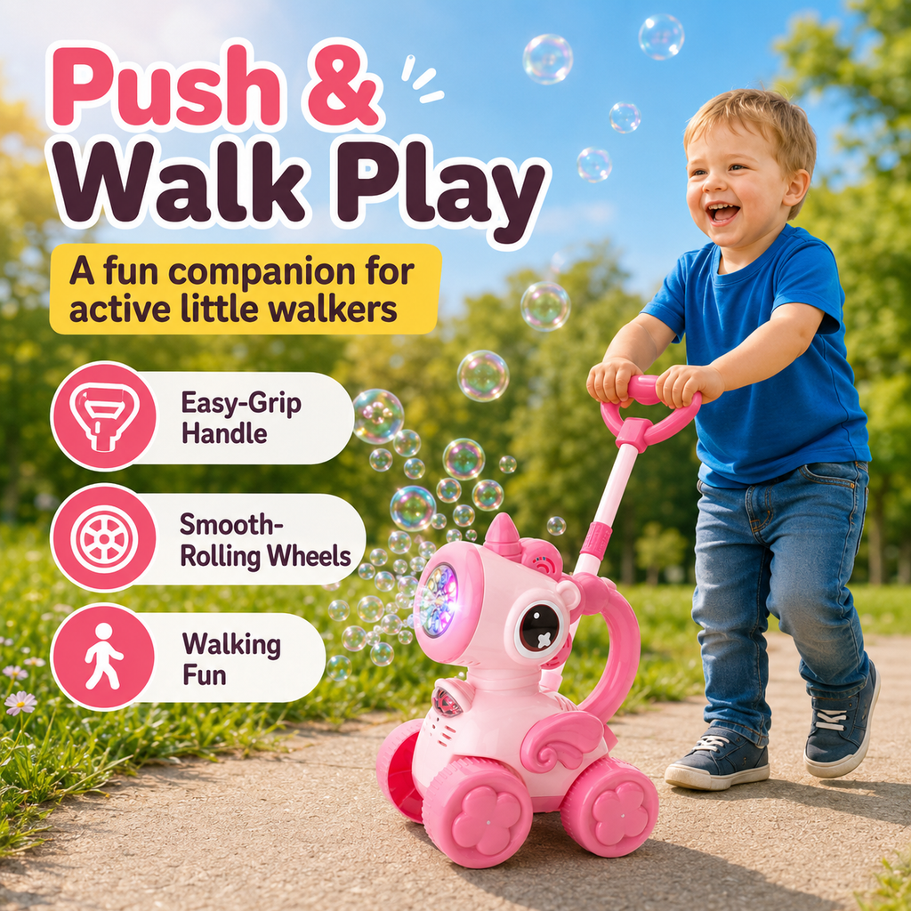 PYROEPLEEA Bubble Machine for Toddlers, Cute Bee-Shaped 2-in-1 Push Walker & Handheld Bubble Blower Toy with Colorful Lights, Outdoor Toy for Boys and Girls