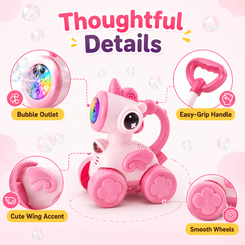 PYROEPLEEA Bubble Machine for Toddlers, Cute Bee-Shaped 2-in-1 Push Walker & Handheld Bubble Blower Toy with Colorful Lights, Outdoor Toy for Boys and Girls