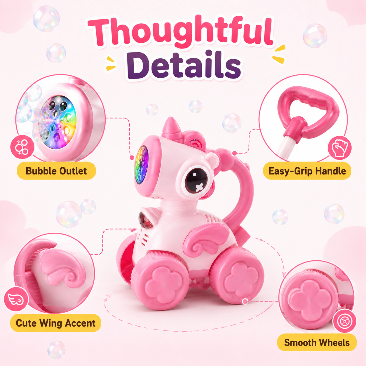 PYROEPLEEA Bubble Machine for Toddlers, Cute Bee-Shaped 2-in-1 Push Walker & Handheld Bubble Blower Toy with Colorful Lights, Outdoor Toy for Boys and Girls