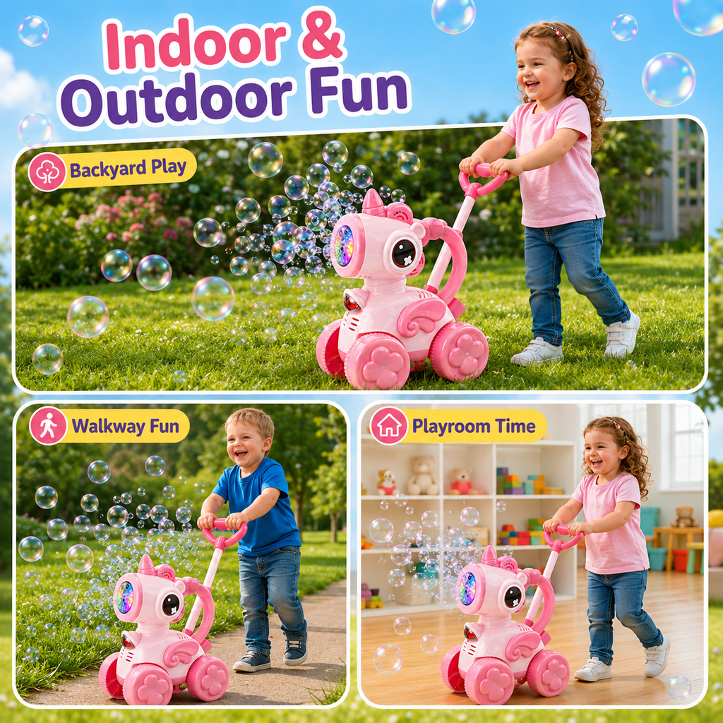 PYROEPLEEA Bubble Machine for Toddlers, Cute Bee-Shaped 2-in-1 Push Walker & Handheld Bubble Blower Toy with Colorful Lights, Outdoor Toy for Boys and Girls