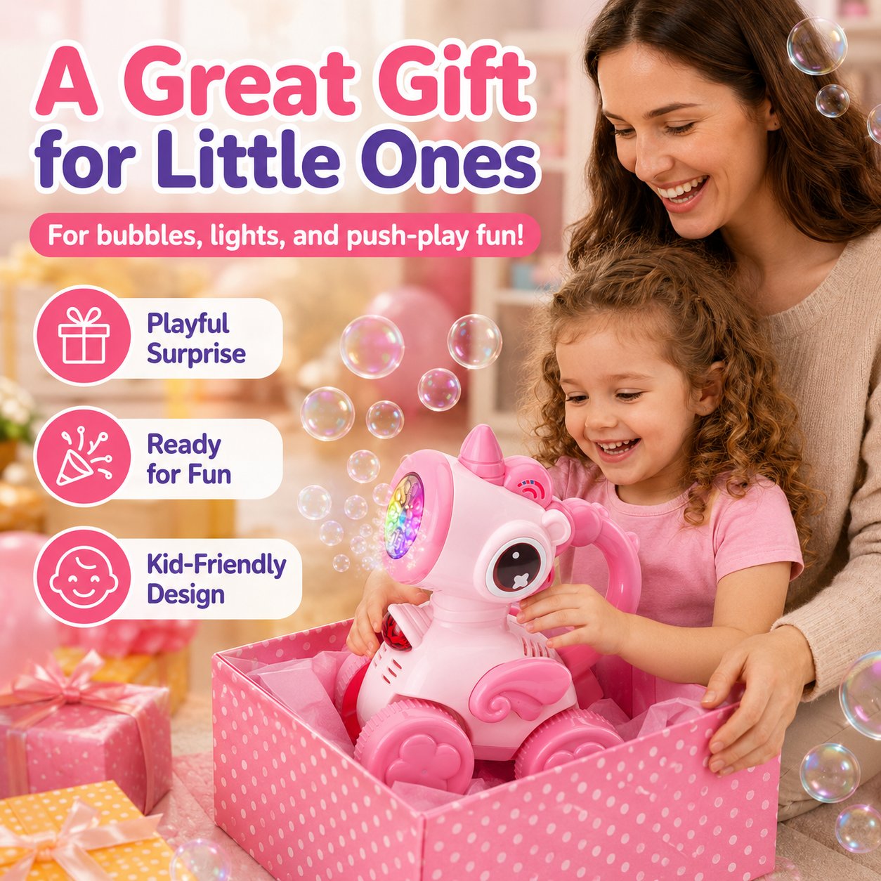 PYROEPLEEA Bubble Machine for Toddlers, Cute Bee-Shaped 2-in-1 Push Walker & Handheld Bubble Blower Toy with Colorful Lights, Outdoor Toy for Boys and Girls