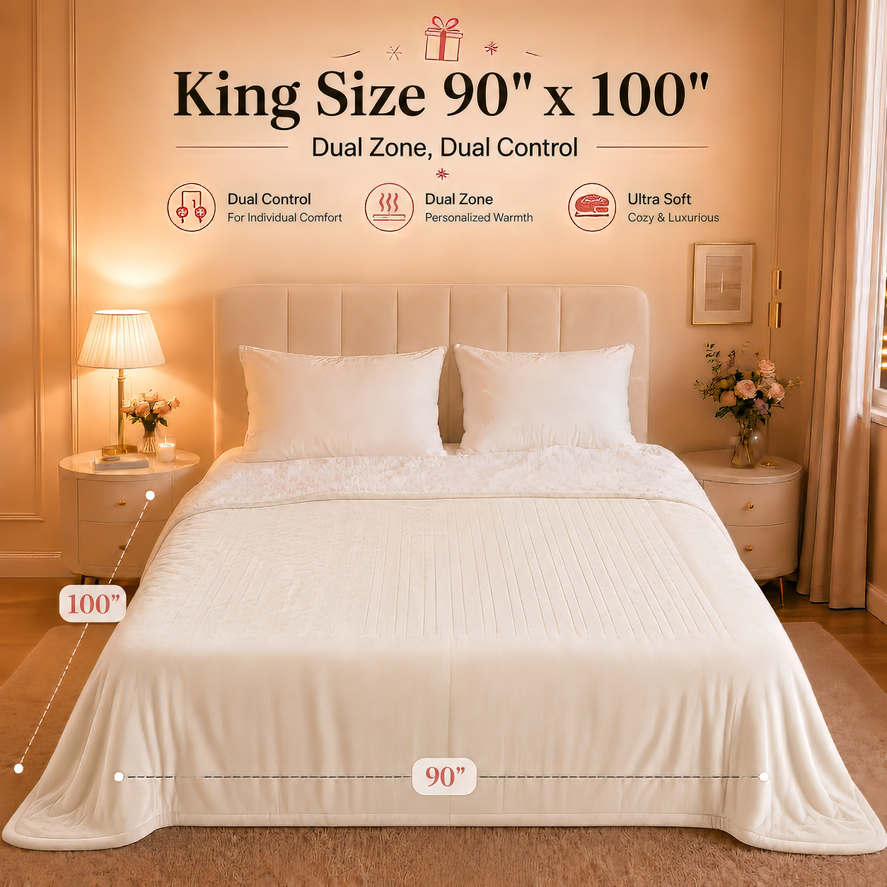 PYROEPLEEA Heated Electric Blanket King 90 x 100 in, Flannel Sherpa, 2 Controllers, Dual Zone, 6 Heat Settings, 1-12 Hour Auto Off, Washable-White