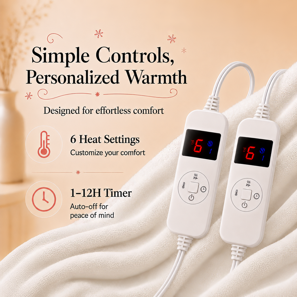 PYROEPLEEA Heated Electric Blanket King 90 x 100 in, Flannel Sherpa, 2 Controllers, Dual Zone, 6 Heat Settings, 1-12 Hour Auto Off, Washable-White