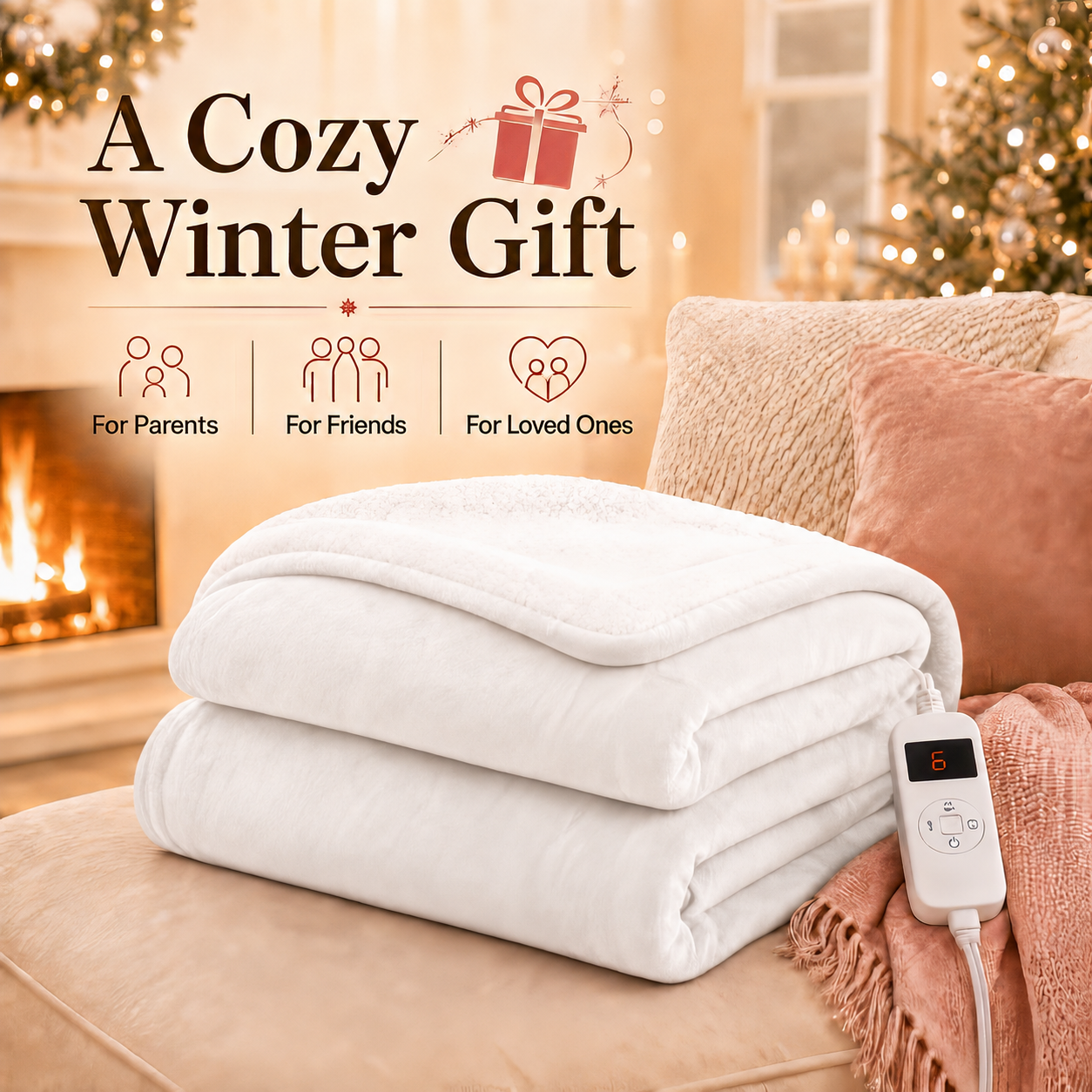 PYROEPLEEA Heated Electric Blanket King 90 x 100 in, Flannel Sherpa, 2 Controllers, Dual Zone, 6 Heat Settings, 1-12 Hour Auto Off, Washable-White