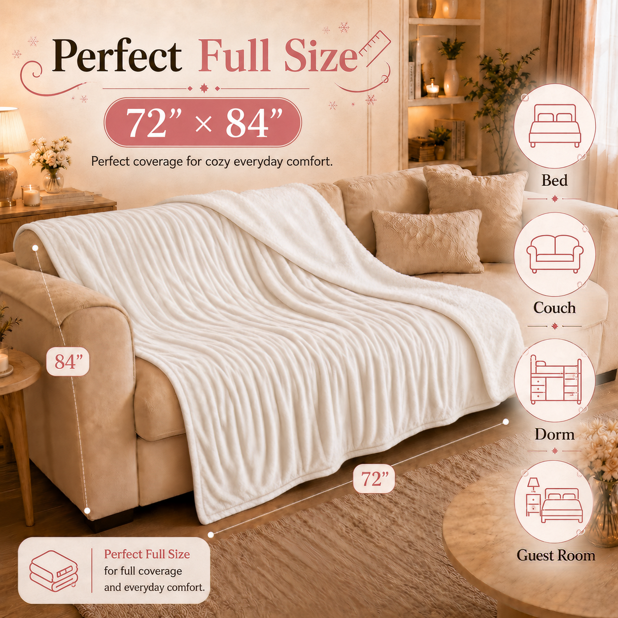 PYROEPLEEA Heated Electric Blanket Full Size 72 x 84 in, Flannel Sherpa, 6 Heat Settings, 1-12 Hour Auto Off, Machine Washable for Bed or Couch-White