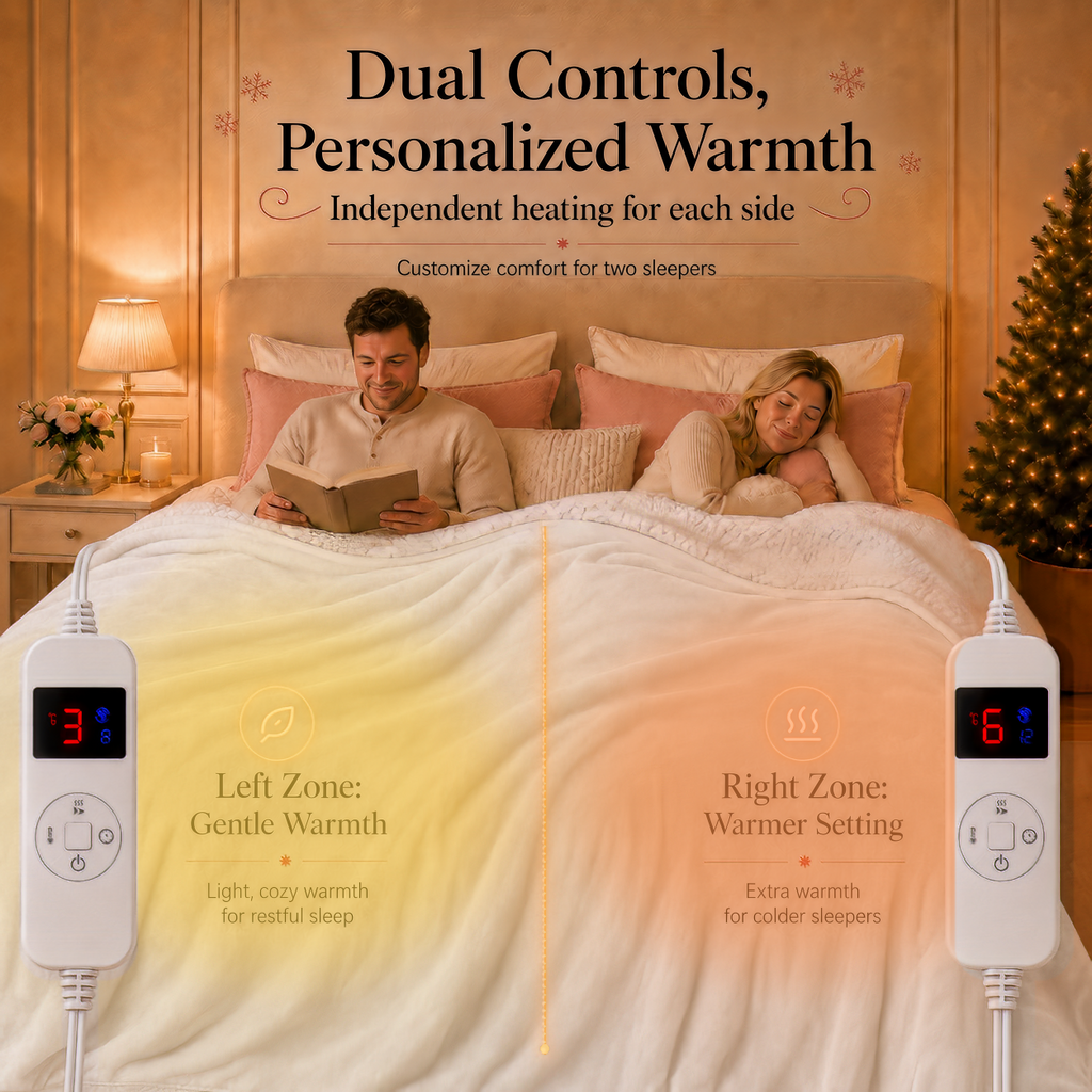 PYROEPLEEA Heated Electric Blanket King 90 x 100 in, Flannel Sherpa, 2 Controllers, Dual Zone, 6 Heat Settings, 1-12 Hour Auto Off, Washable-White