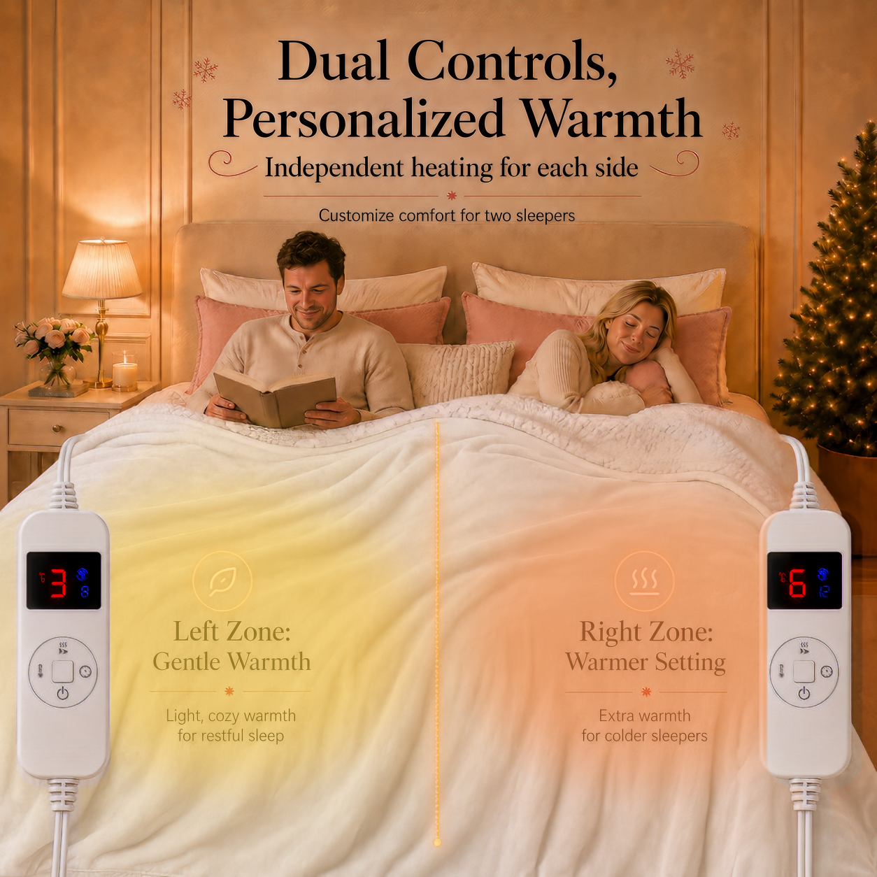 PYROEPLEEA Heated Electric Blanket King 90 x 100 in, Flannel Sherpa, 2 Controllers, Dual Zone, 6 Heat Settings, 1-12 Hour Auto Off, Washable-White