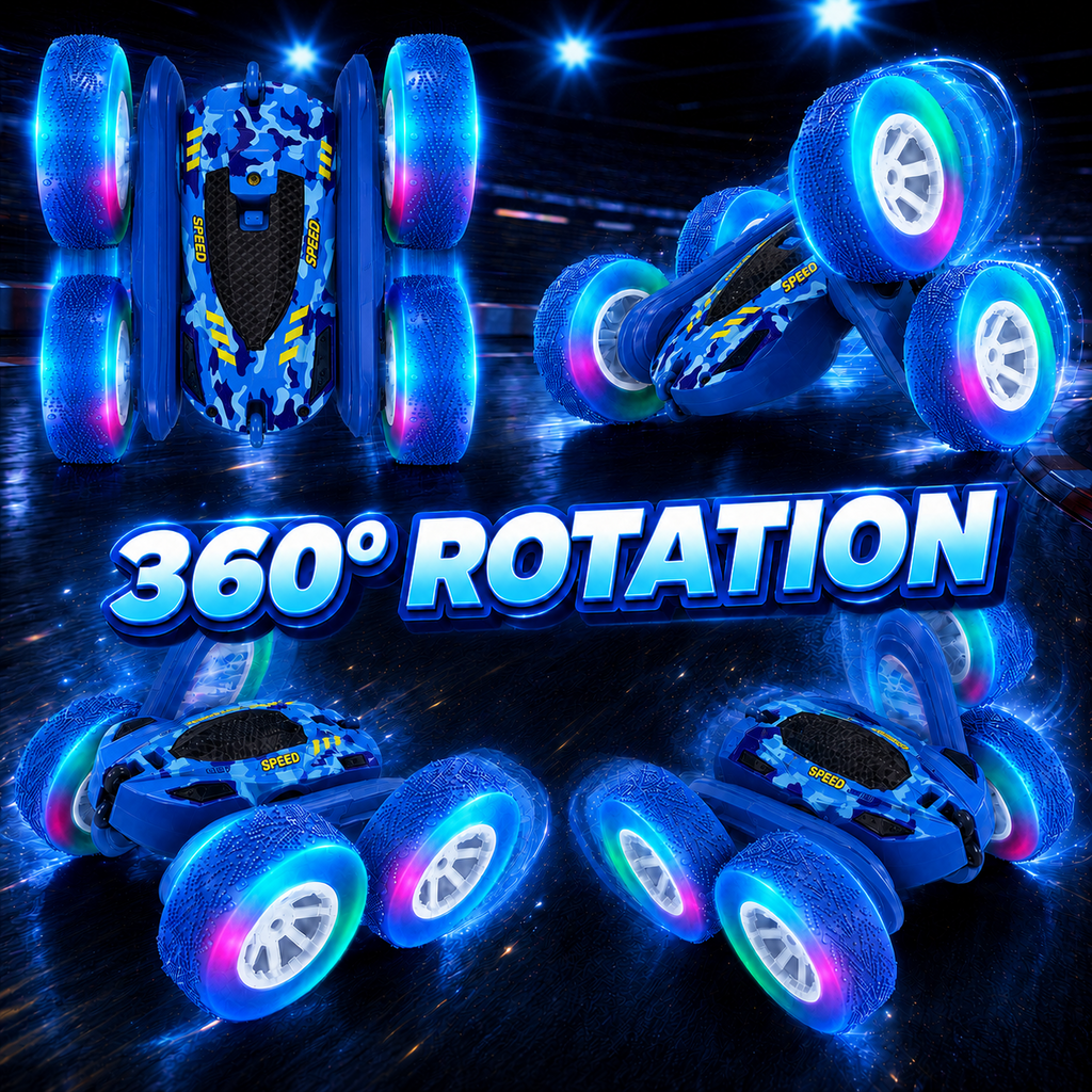 PYROEPLEEA Remote Control Car for Kids, 360° Double-Sided RC Stunt Car with Colorful LED Light-Up Wheels, Rechargeable Toy Gift for Boys and Girls, Blue
