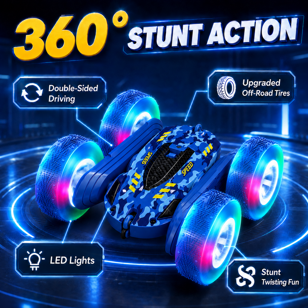 PYROEPLEEA Remote Control Car for Kids, 360° Double-Sided RC Stunt Car with Colorful LED Light-Up Wheels, Rechargeable Toy Gift for Boys and Girls, Blue