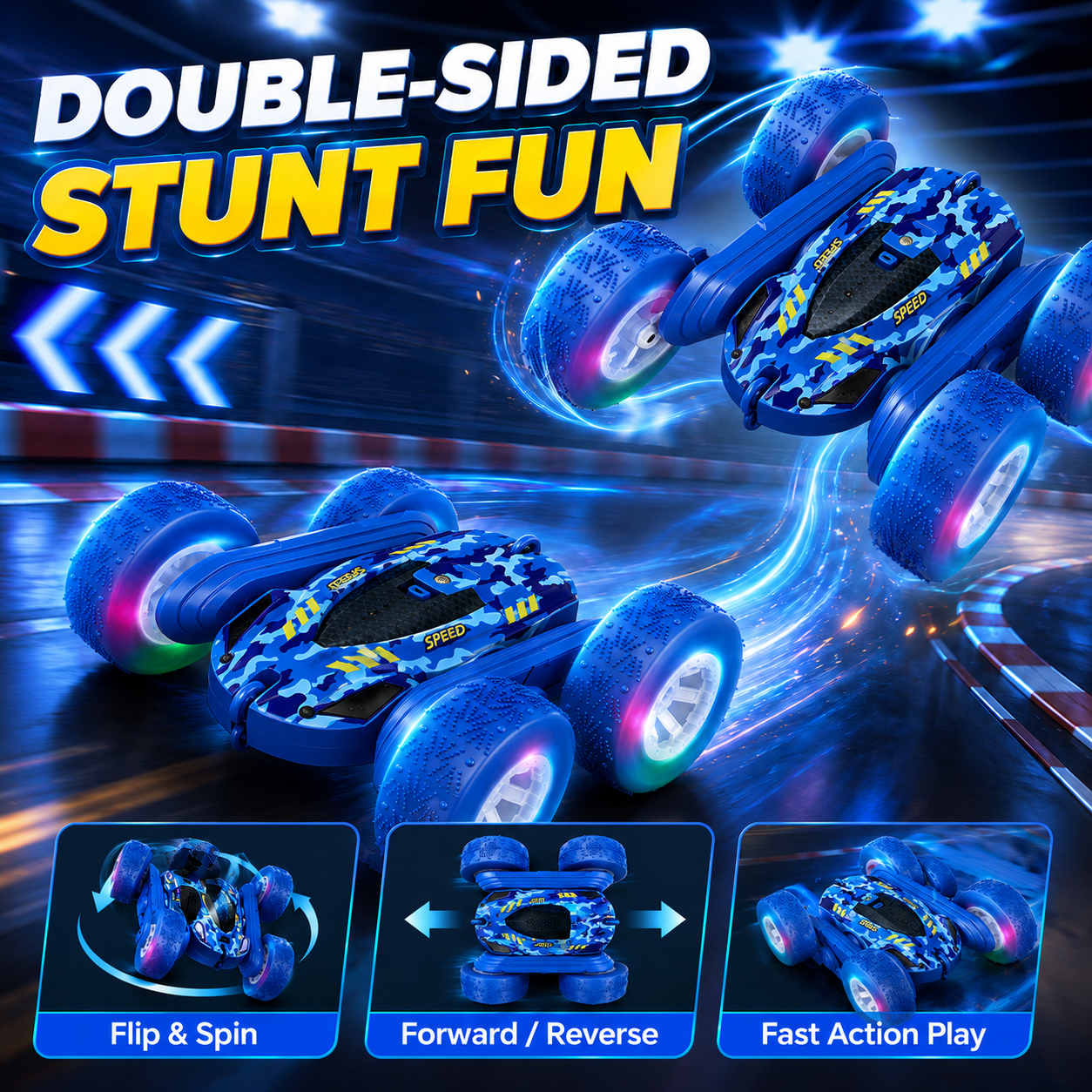 PYROEPLEEA Remote Control Car for Kids, 360° Double-Sided RC Stunt Car with Colorful LED Light-Up Wheels, Rechargeable Toy Gift for Boys and Girls, Blue
