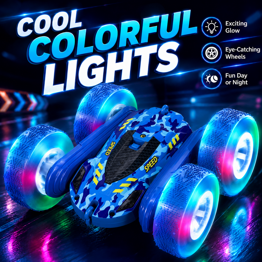 PYROEPLEEA Remote Control Car for Kids, 360° Double-Sided RC Stunt Car with Colorful LED Light-Up Wheels, Rechargeable Toy Gift for Boys and Girls, Blue