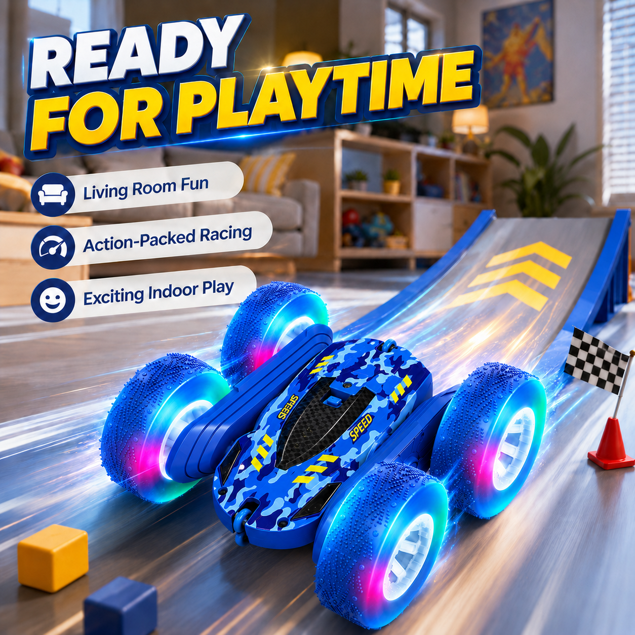 PYROEPLEEA Remote Control Car for Kids, 360° Double-Sided RC Stunt Car with Colorful LED Light-Up Wheels, Rechargeable Toy Gift for Boys and Girls, Blue