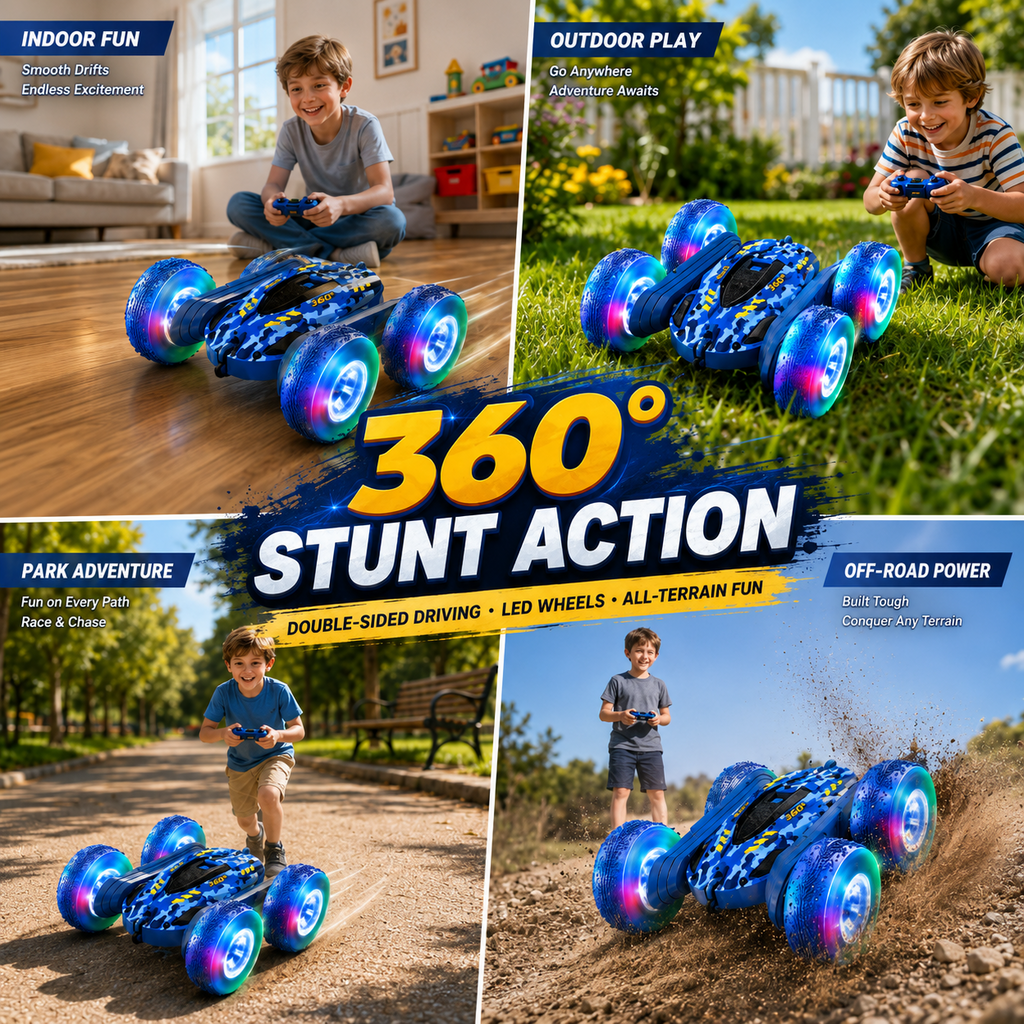 PYROEPLEEA Remote Control Car for Kids, 360° Double-Sided RC Stunt Car with Colorful LED Light-Up Wheels, Rechargeable Toy Gift for Boys and Girls, Blue