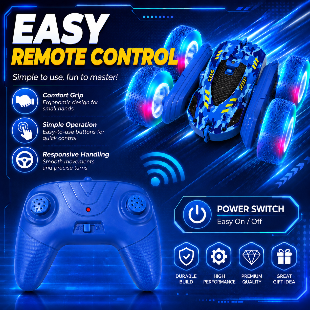 PYROEPLEEA Remote Control Car for Kids, 360° Double-Sided RC Stunt Car with Colorful LED Light-Up Wheels, Rechargeable Toy Gift for Boys and Girls, Blue