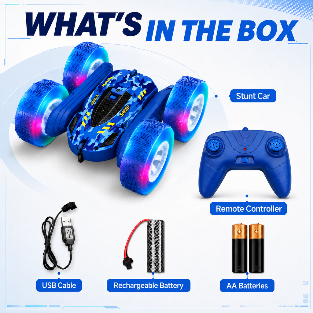 PYROEPLEEA Remote Control Car for Kids, 360° Double-Sided RC Stunt Car with Colorful LED Light-Up Wheels, Rechargeable Toy Gift for Boys and Girls, Blue
