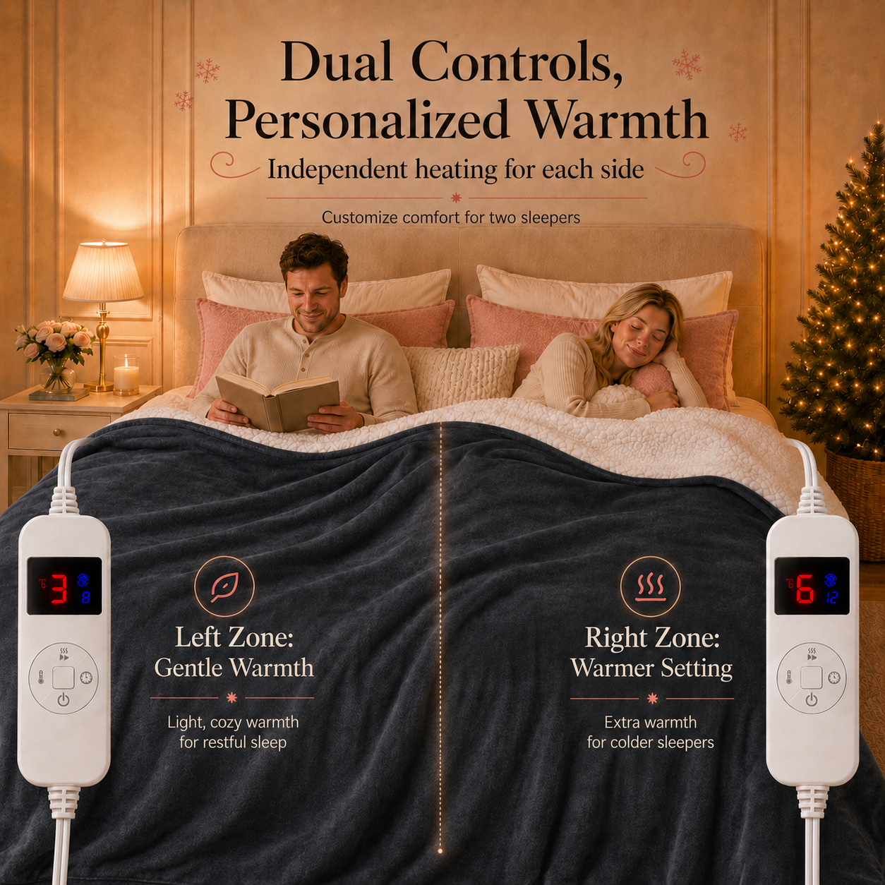 PYROEPLEEA Heated Electric Blanket King 90 x 100 in, Flannel Sherpa, 2 Controllers, Dual Zone, 6 Heat Settings, 1-12 Hour Auto Off, Washable-Dark Gray