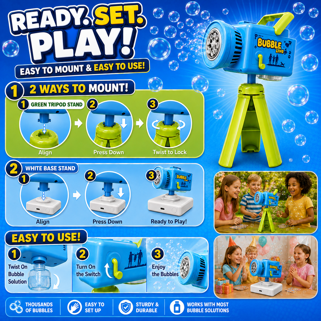 PYROEPLEEA Bubble Camera Machine for Kids Ages 3+, Rechargeable Automatic Bubble Blower with Lights & Music, Tripod, 360° Rotating Base, 2 Bottles, Blue
