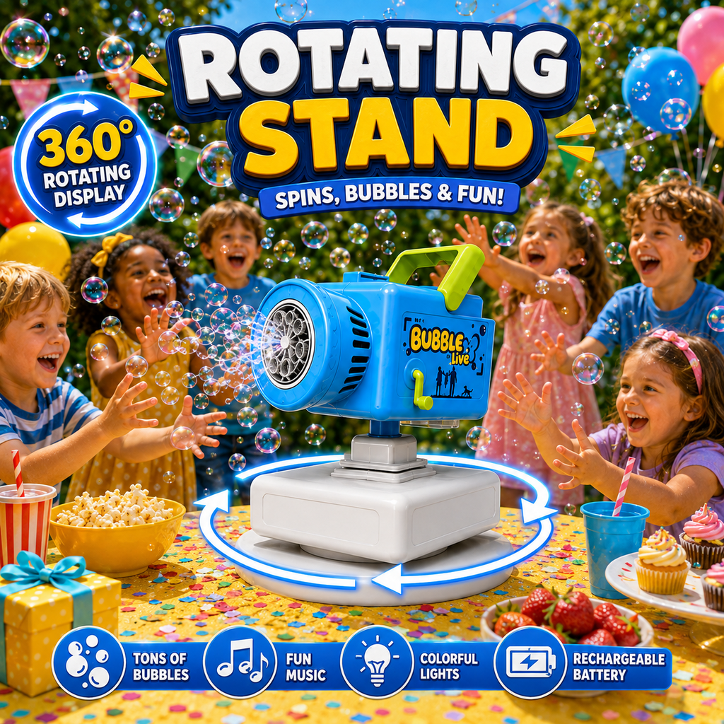 PYROEPLEEA Bubble Camera Machine for Kids Ages 3+, Rechargeable Automatic Bubble Blower with Lights & Music, Tripod, 360° Rotating Base, 2 Bottles, Blue