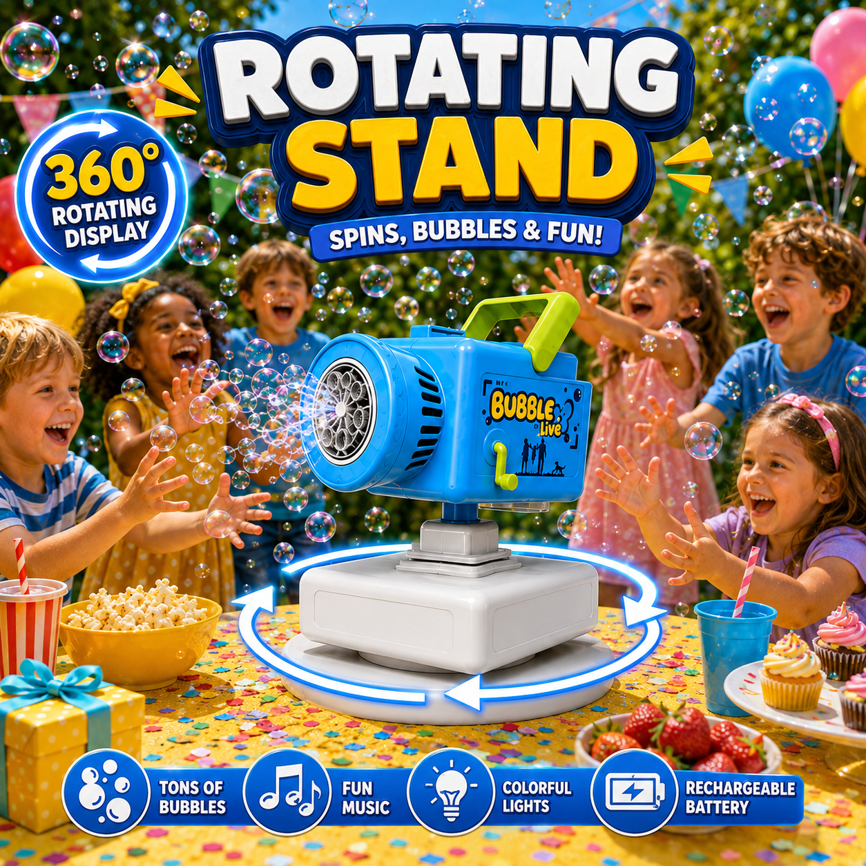 PYROEPLEEA Bubble Camera Machine for Kids Ages 3+, Rechargeable Automatic Bubble Blower with Lights & Music, Tripod, 360° Rotating Base, 2 Bottles, Blue