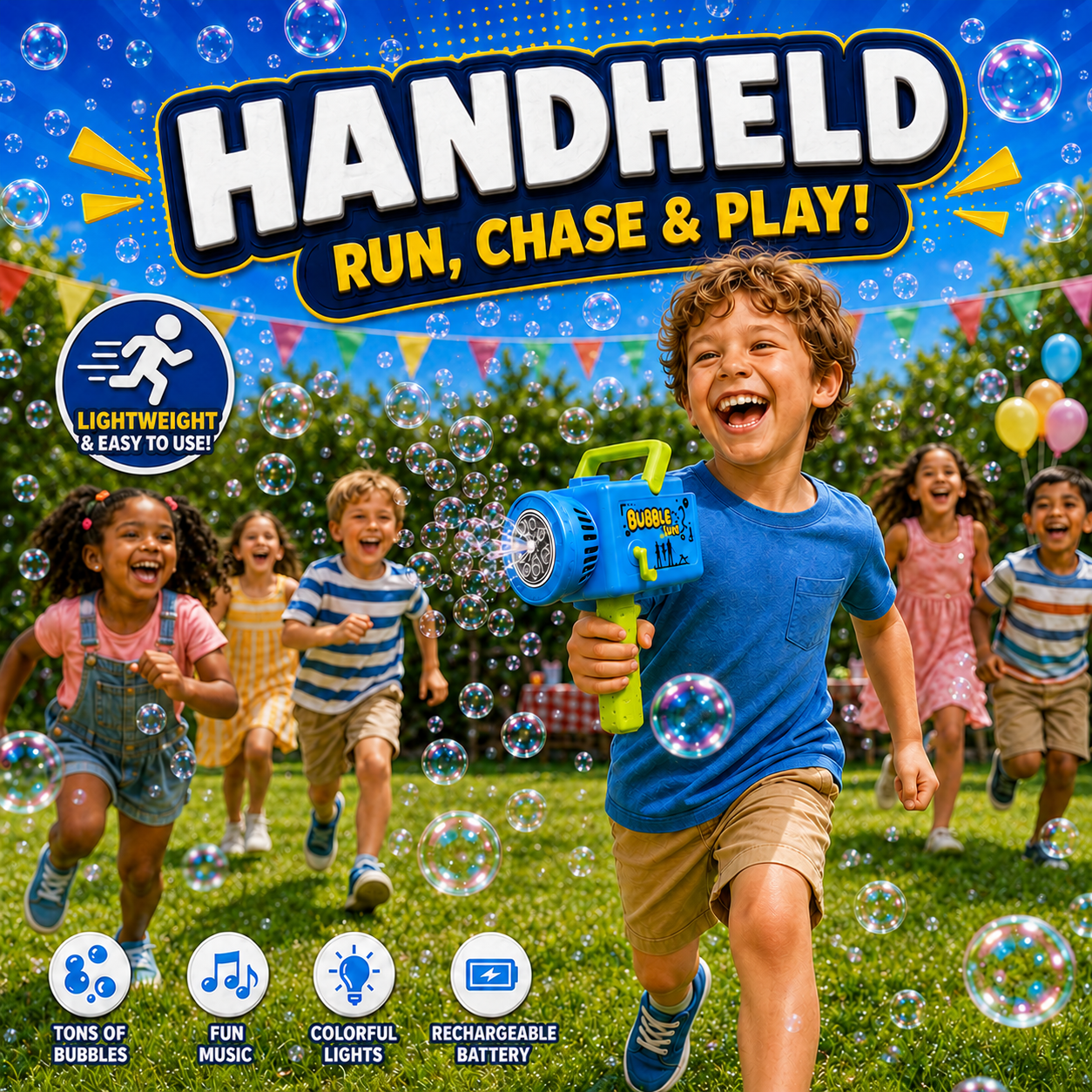 PYROEPLEEA Bubble Camera Machine for Kids Ages 3+, Rechargeable Automatic Bubble Blower with Lights & Music, Tripod, 360° Rotating Base, 2 Bottles, Blue