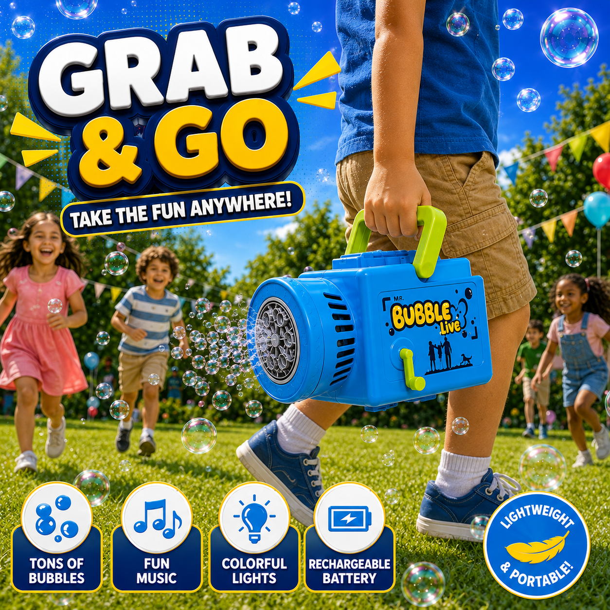 PYROEPLEEA Bubble Camera Machine for Kids Ages 3+, Rechargeable Automatic Bubble Blower with Lights & Music, Tripod, 360° Rotating Base, 2 Bottles, Blue