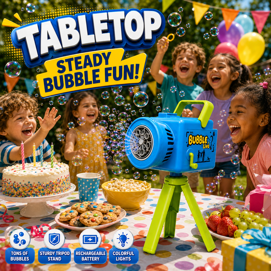 PYROEPLEEA Bubble Camera Machine for Kids Ages 3+, Rechargeable Automatic Bubble Blower with Lights & Music, Tripod, 360° Rotating Base, 2 Bottles, Blue