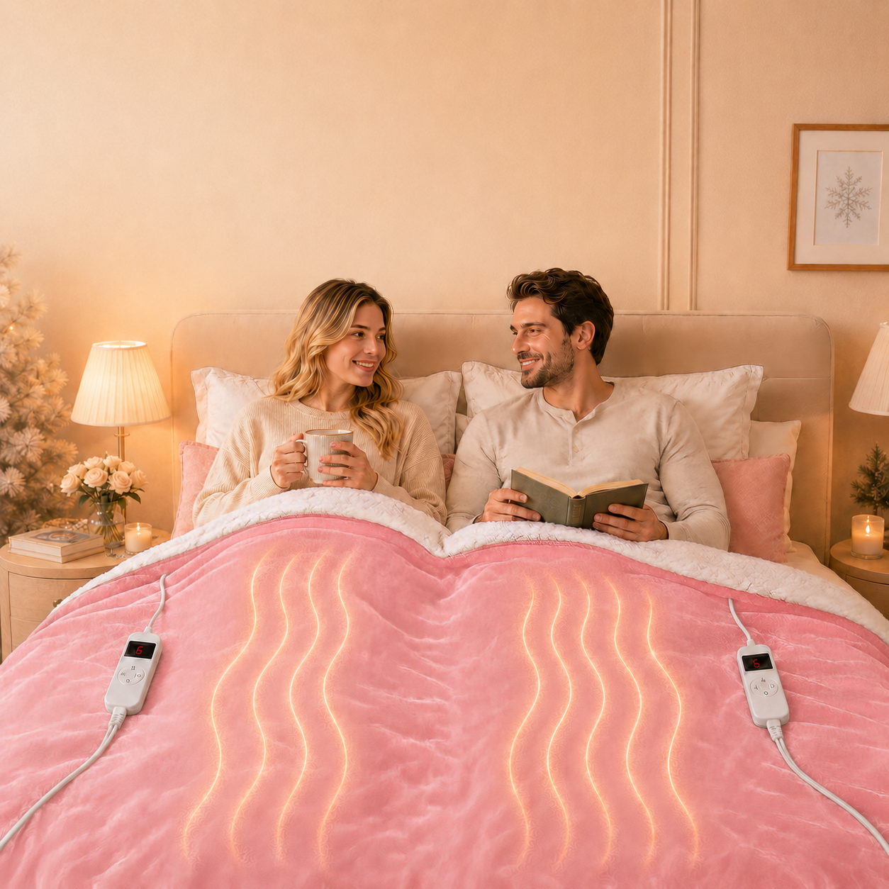 PYROEPLEEA Heated Electric Blanket Queen 84 x 90 in, Flannel Sherpa, 2 Controllers, Dual Zone, 6 Heat Settings, 1-12 Hour Auto Off, Washable-Pink