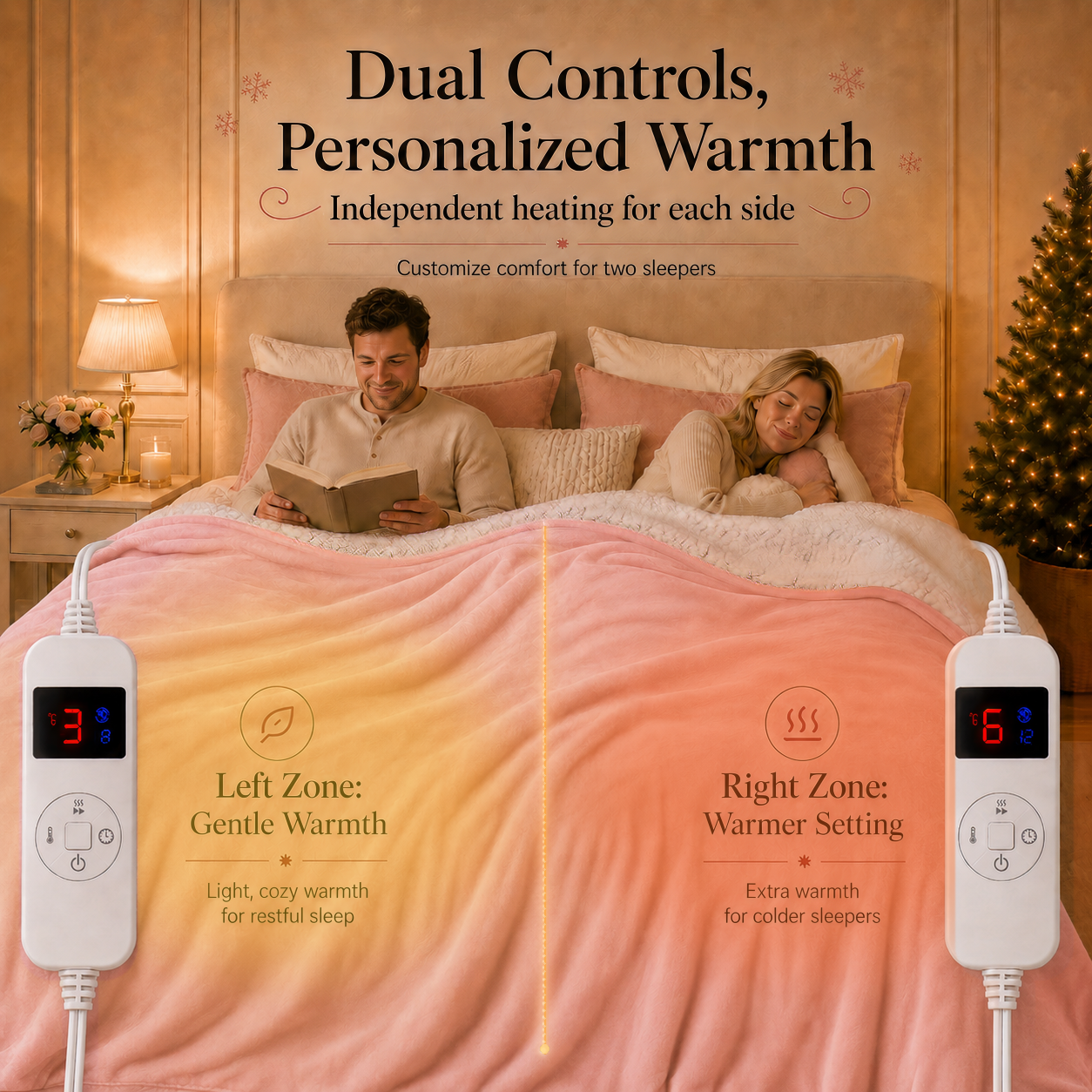 PYROEPLEEA Heated Electric Blanket Queen 84 x 90 in, Flannel Sherpa, 2 Controllers, Dual Zone, 6 Heat Settings, 1-12 Hour Auto Off, Washable-Pink