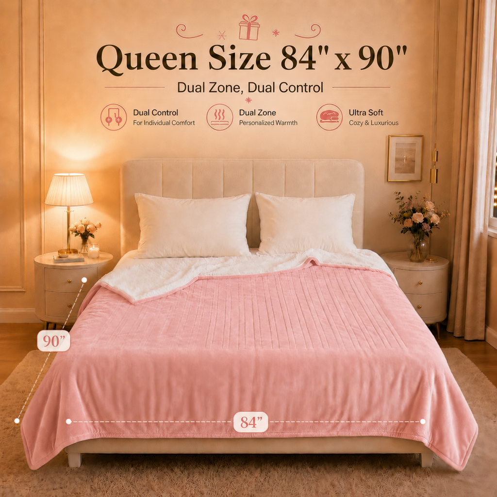 PYROEPLEEA Heated Electric Blanket Queen 84 x 90 in, Flannel Sherpa, 2 Controllers, Dual Zone, 6 Heat Settings, 1-12 Hour Auto Off, Washable-Pink