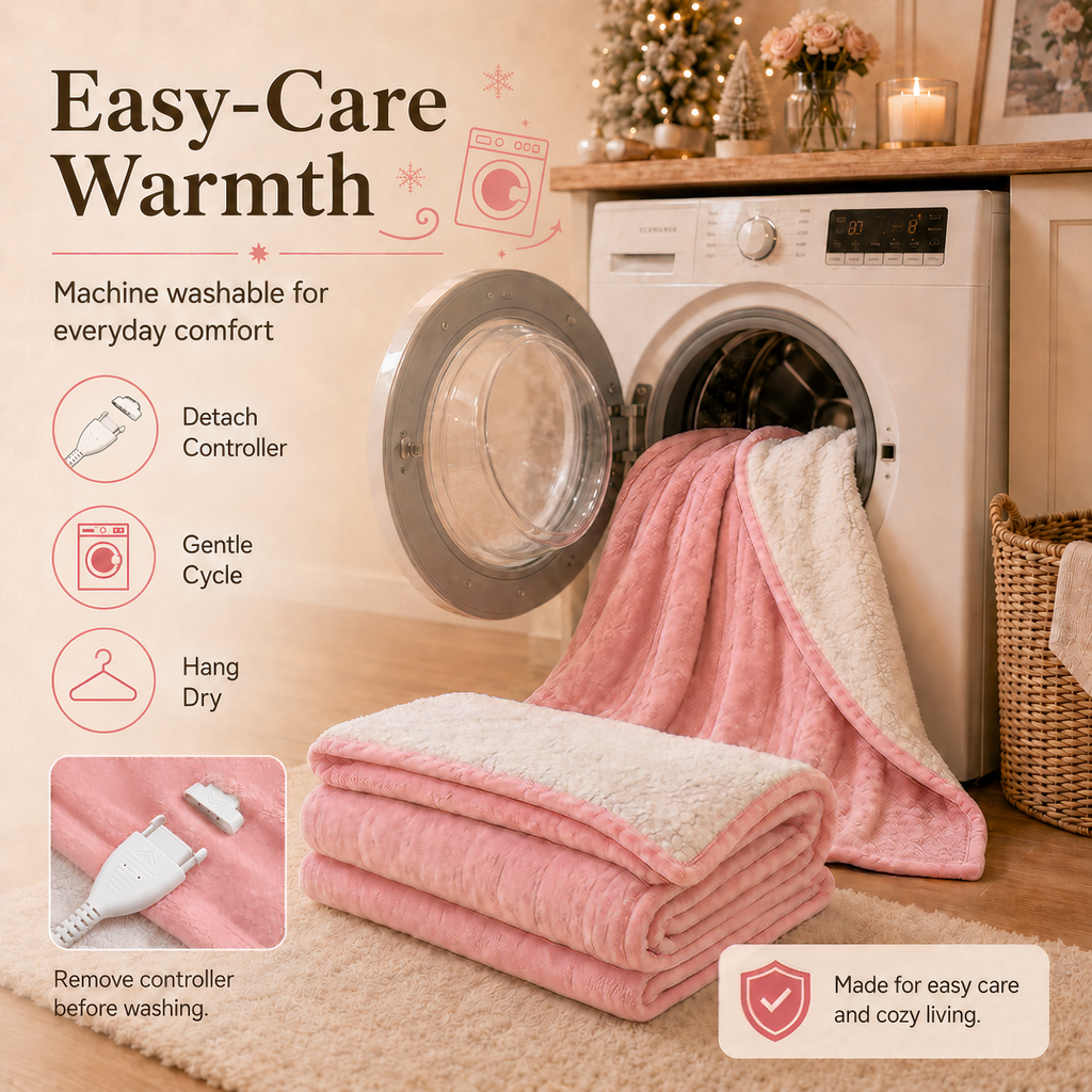 PYROEPLEEA Heated Electric Blanket Queen 84 x 90 in, Flannel Sherpa, 2 Controllers, Dual Zone, 6 Heat Settings, 1-12 Hour Auto Off, Washable-Pink