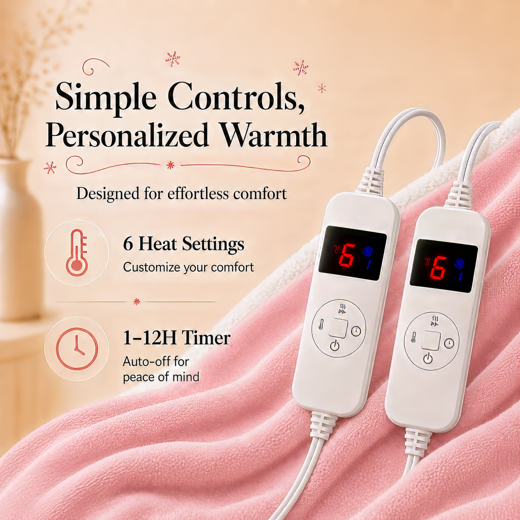 PYROEPLEEA Heated Electric Blanket Queen 84 x 90 in, Flannel Sherpa, 2 Controllers, Dual Zone, 6 Heat Settings, 1-12 Hour Auto Off, Washable-Pink