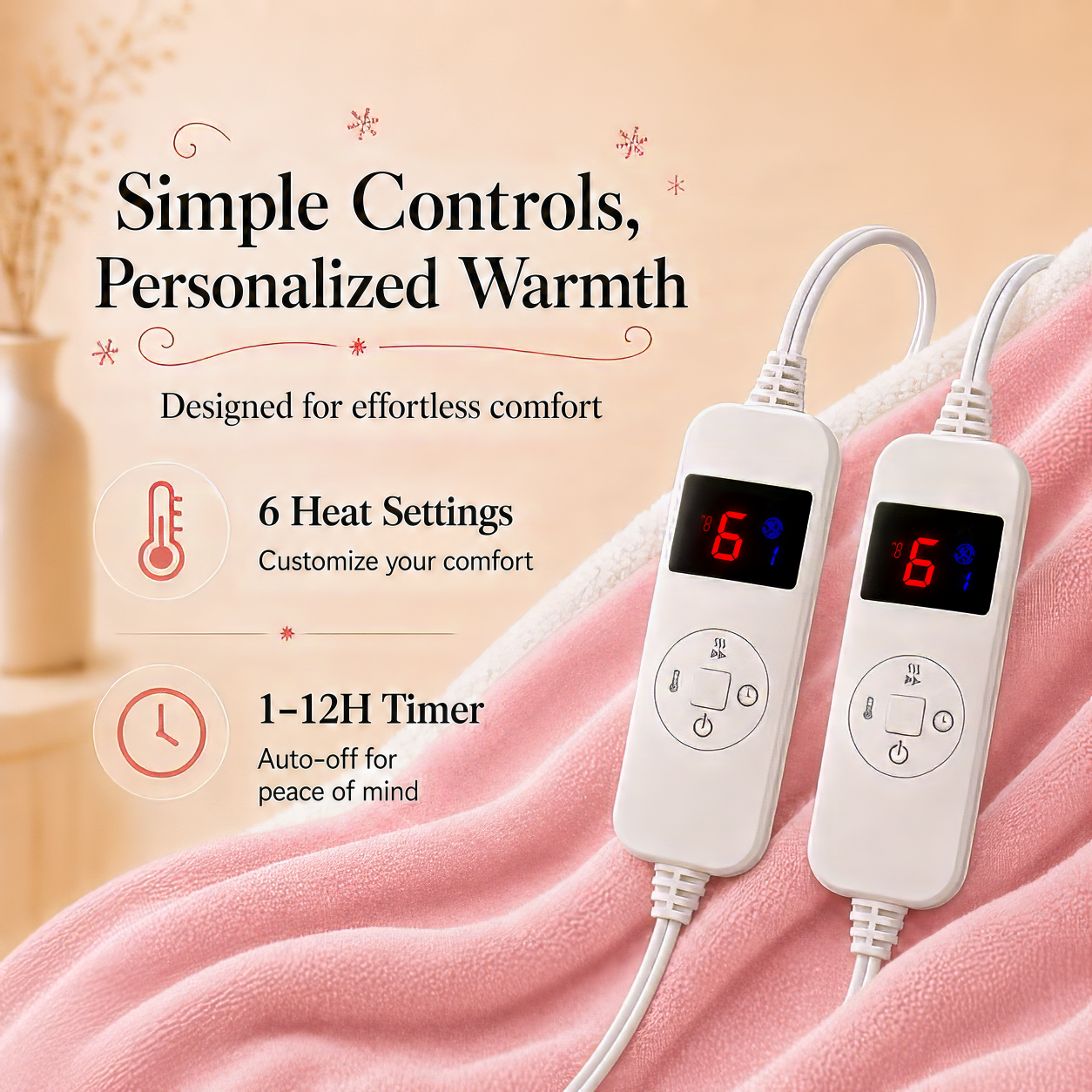 PYROEPLEEA Heated Electric Blanket Queen 84 x 90 in, Flannel Sherpa, 2 Controllers, Dual Zone, 6 Heat Settings, 1-12 Hour Auto Off, Washable-Pink