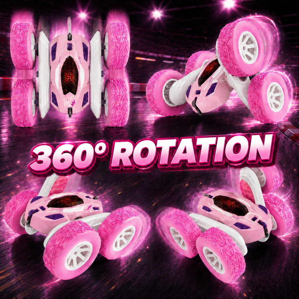 PYROEPLEEA Remote Control Car for Kids, 360° Double-Sided RC Stunt Car with Colorful LED Light-Up Wheels, Rechargeable Toy Gift for Boys and Girls, Pink
