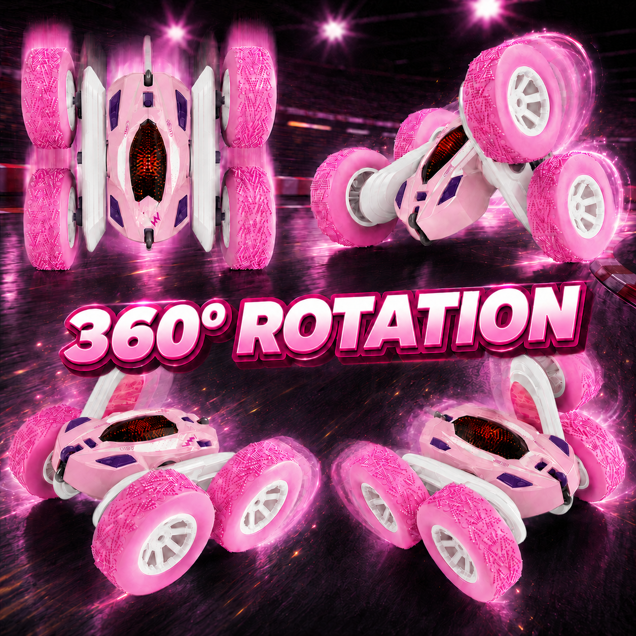 PYROEPLEEA Remote Control Car for Kids, 360° Double-Sided RC Stunt Car with Colorful LED Light-Up Wheels, Rechargeable Toy Gift for Boys and Girls, Pink