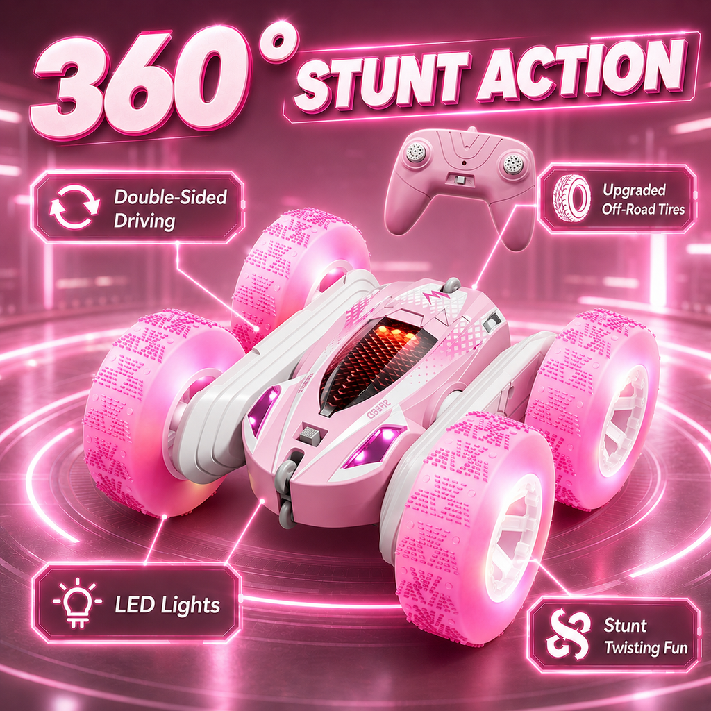 PYROEPLEEA Remote Control Car for Kids, 360° Double-Sided RC Stunt Car with Colorful LED Light-Up Wheels, Rechargeable Toy Gift for Boys and Girls, Pink