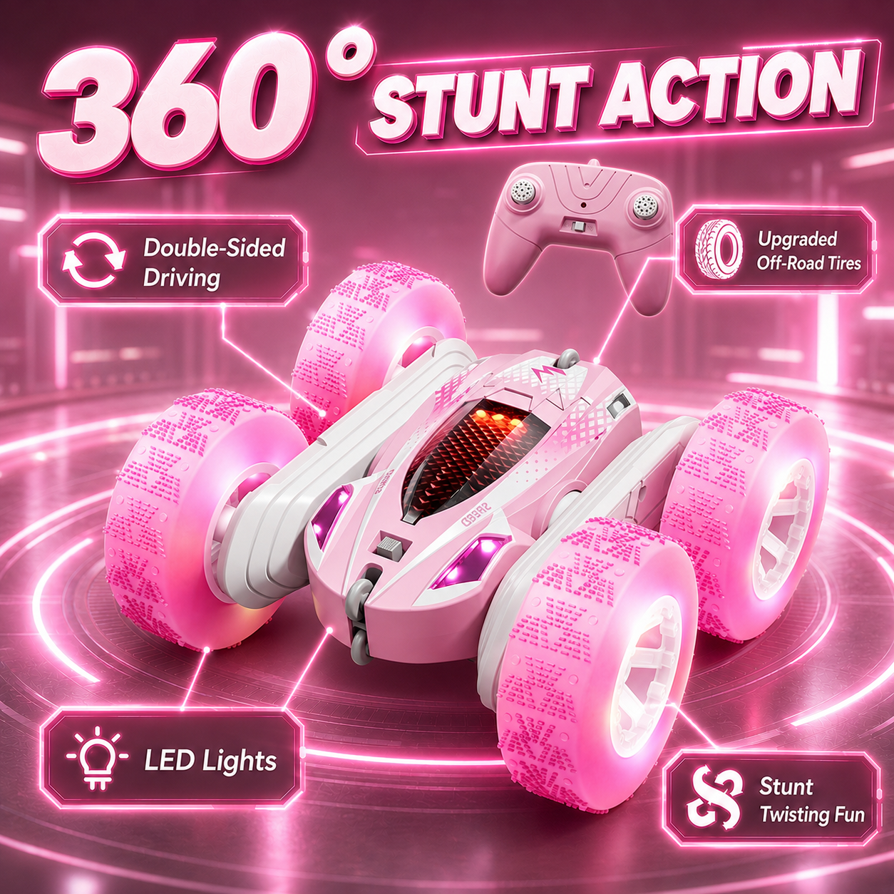 PYROEPLEEA Remote Control Car for Kids, 360° Double-Sided RC Stunt Car with Colorful LED Light-Up Wheels, Rechargeable Toy Gift for Boys and Girls, Pink