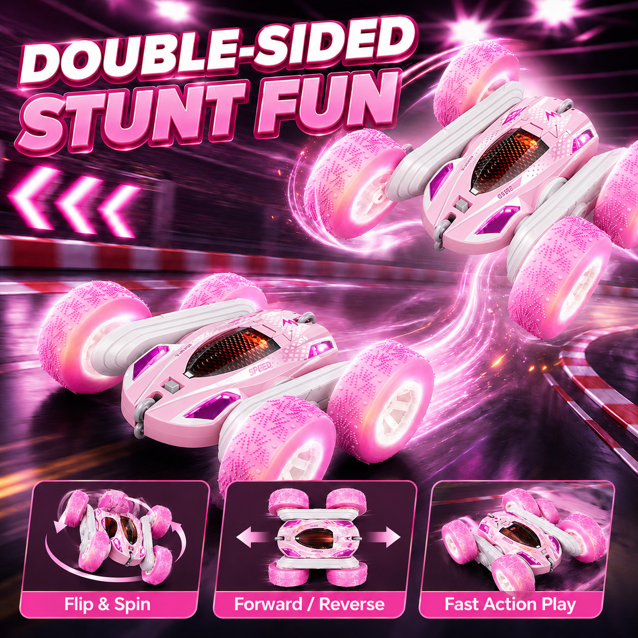 PYROEPLEEA Remote Control Car for Kids, 360° Double-Sided RC Stunt Car with Colorful LED Light-Up Wheels, Rechargeable Toy Gift for Boys and Girls, Pink