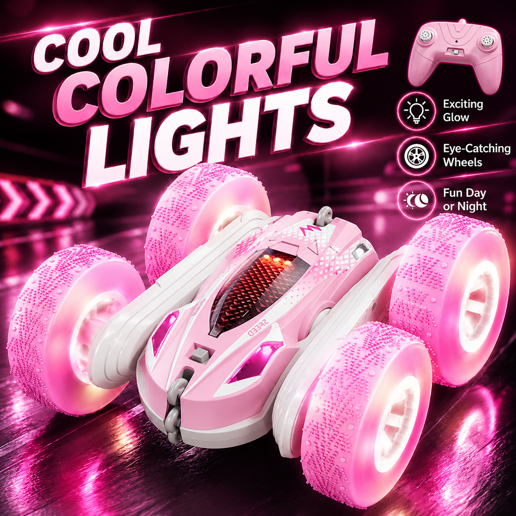 PYROEPLEEA Remote Control Car for Kids, 360° Double-Sided RC Stunt Car with Colorful LED Light-Up Wheels, Rechargeable Toy Gift for Boys and Girls, Pink