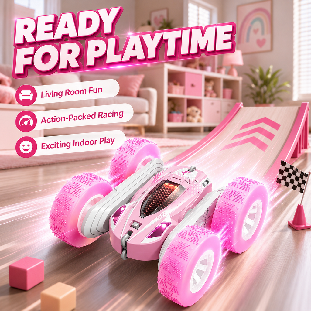 PYROEPLEEA Remote Control Car for Kids, 360° Double-Sided RC Stunt Car with Colorful LED Light-Up Wheels, Rechargeable Toy Gift for Boys and Girls, Pink