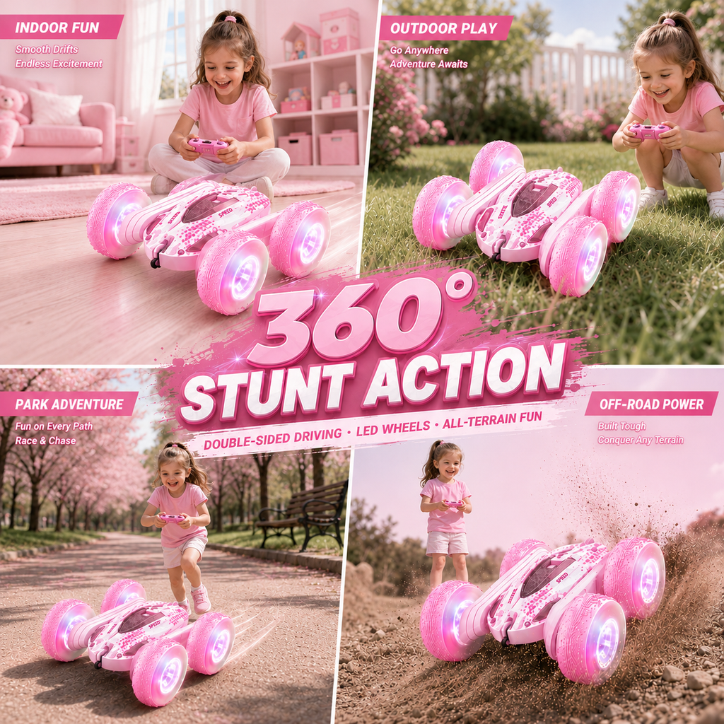 PYROEPLEEA Remote Control Car for Kids, 360° Double-Sided RC Stunt Car with Colorful LED Light-Up Wheels, Rechargeable Toy Gift for Boys and Girls, Pink
