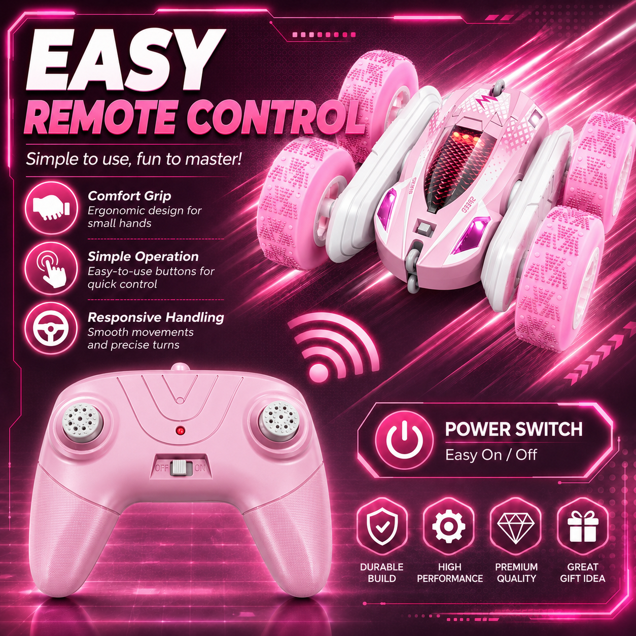 PYROEPLEEA Remote Control Car for Kids, 360° Double-Sided RC Stunt Car with Colorful LED Light-Up Wheels, Rechargeable Toy Gift for Boys and Girls, Pink
