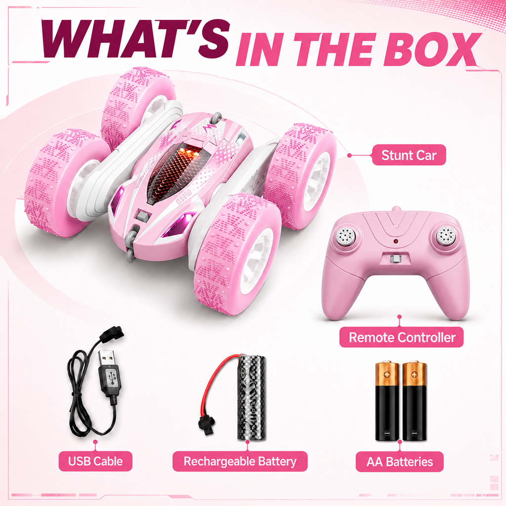 PYROEPLEEA Remote Control Car for Kids, 360° Double-Sided RC Stunt Car with Colorful LED Light-Up Wheels, Rechargeable Toy Gift for Boys and Girls, Pink